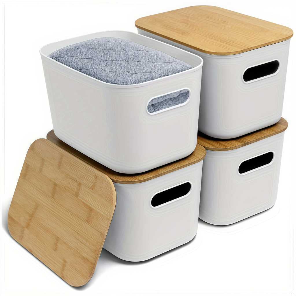 Storage Bins with Lids Wood Top, Plastic Stackable Storage Containers with Handle & Labels, Organizer Boxes for Home, Office, Bookshelf, Playroom & Medicine Cabinet, White, Set of 1/2/4/8