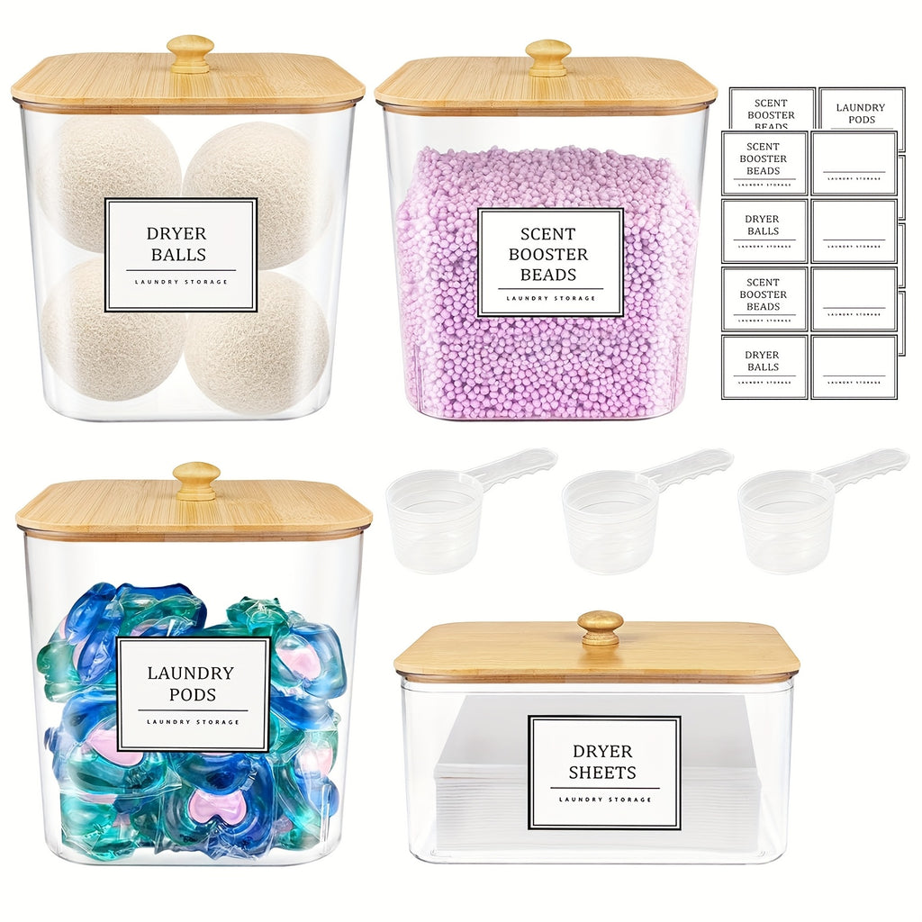 Laundry Storage Containers 4 Pack with Wooden Lids & Labels – Large Clear Rectangular Organizer Bins for Detergent Pods, Scent Boosters & Laundry Powder, Durable Plastic Laundry Room Organization