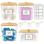 Laundry Storage Containers 4 Pack with Wooden Lids & Labels – Large Clear Rectangular Organizer Bins for Detergent Pods, Scent Boosters & Laundry Powder, Durable Plastic Laundry Room Organization