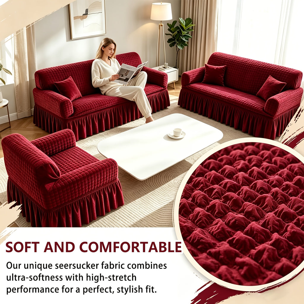 Seersucker Sofa Cover All-In-One Stretch Slipcover – Elastic Band Polyester Spandex Machine Washable Couch Protector for Armchair Loveseat 1 2 3 4 Seater Solid Color
