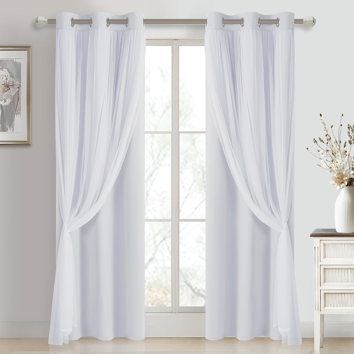 Double Layer Blackout Curtains with Sheer Overlay 2 Panels - Grommet Top Thermal Insulated Mix & Match Window Drapes with Tiebacks for Bedroom Living Room, All Season