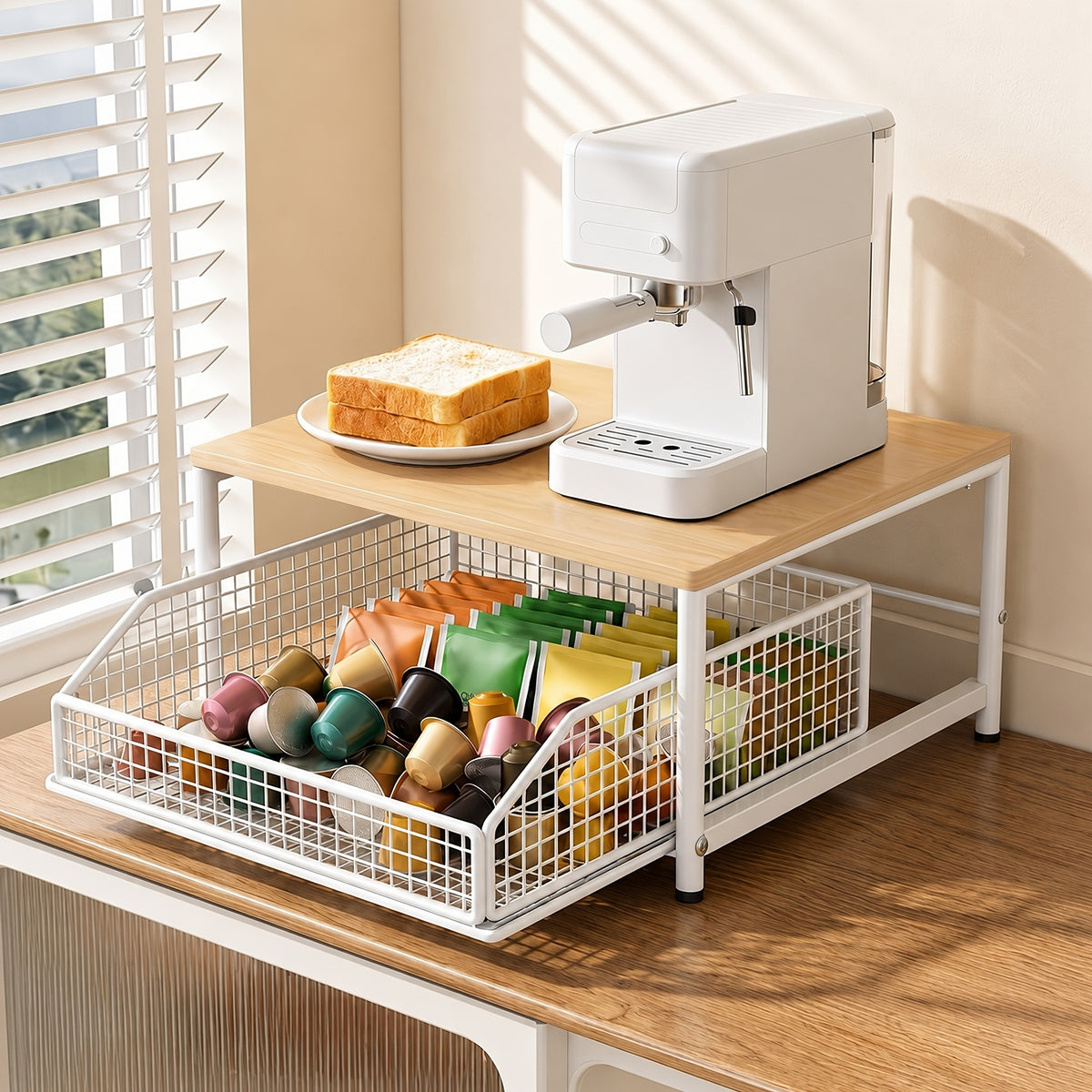 Kitchen Countertop Organizer with Drawer Wire Basket – Detachable Hardwood Metal Shelf for Coffee Maker Microwave Spices Utensils – White Black