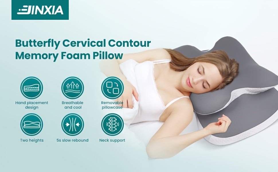 Ergonomic Cervical Memory Foam Pillow – Contour Support with Cooling Silk Cover | White & Gray