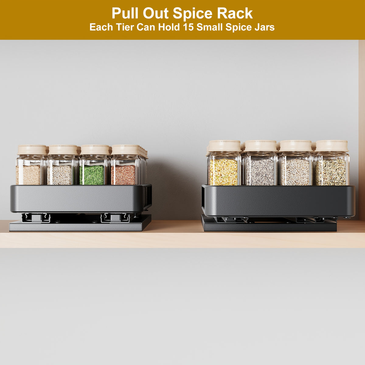Cabinet Pull Out Spice Rack 2pcs Rust Proof Stainless Steel Under Cabinet Spice Organizer Adjustable L Shaped Sliding Double Rail Counter Storage Kitchen Accessories