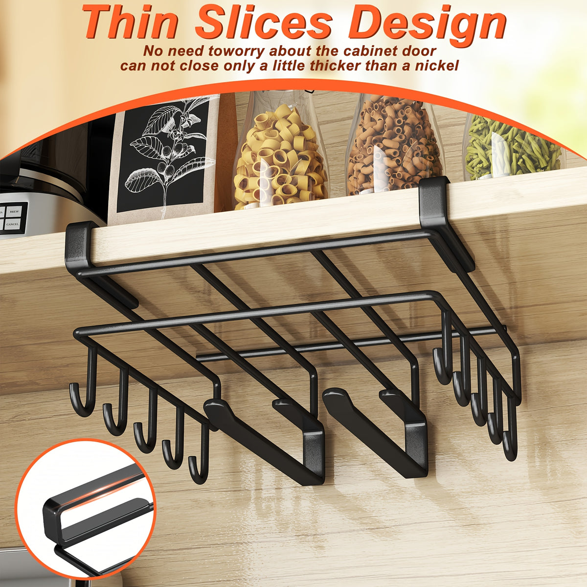 Under Cabinet Organizer Rack with Double Row Hooks Heavy Duty Carbon Steel Kitchen Shelf for Utensils Towels Cups Cutting Boards – No-Drill Easy Install
