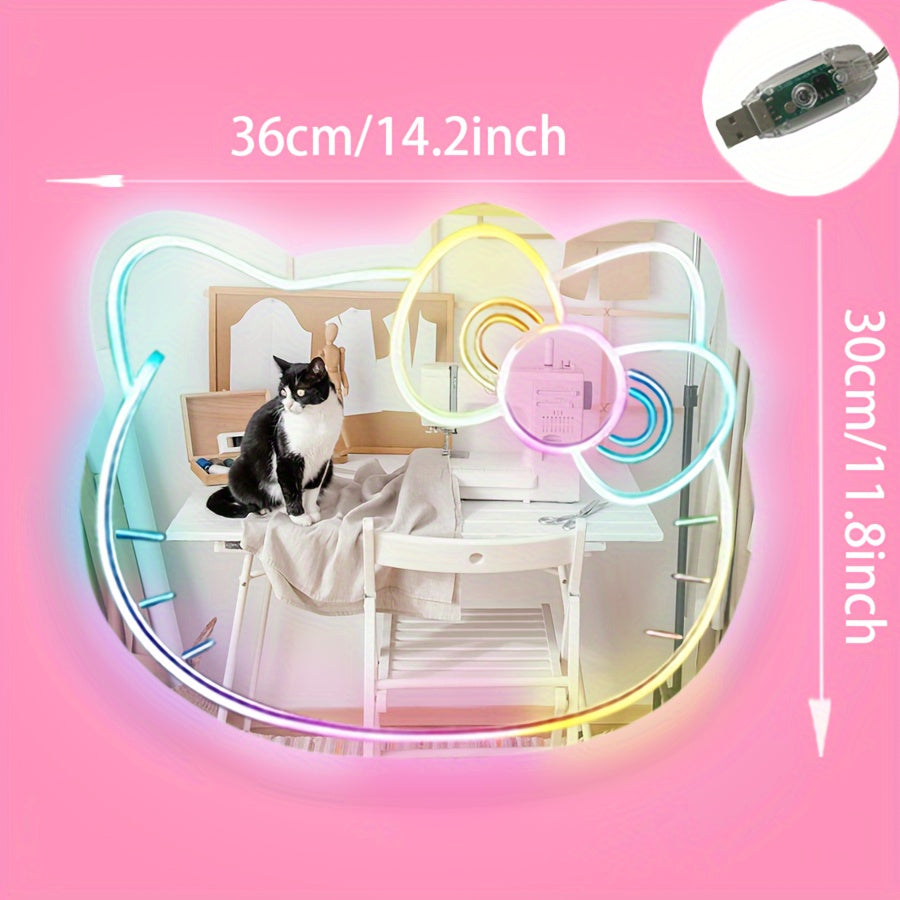 Dream Color Neon Mirror Sign LED Acrylic Cute Cat Wall Light – USB Powered Remote-Controlled Kawaii Bedroom Decor Neon Sign for Girls Room & Living Room