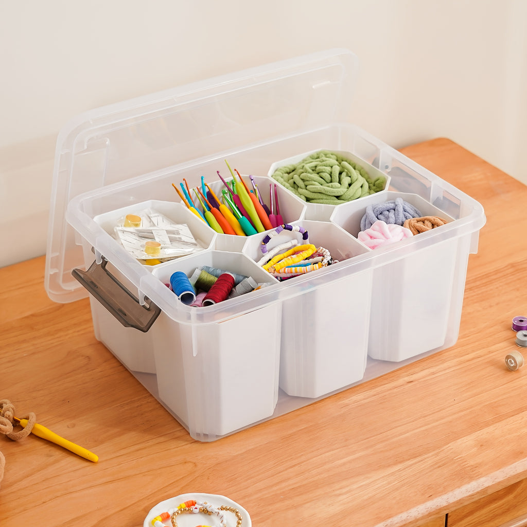 Clear Lid Desktop Storage Box with 6 Detachable Inserts – Stackable PP5 Plastic Organizer Bin for Office Desk, Dresser, Stationery, Jewelry, Cosmetics & Craft Supplies