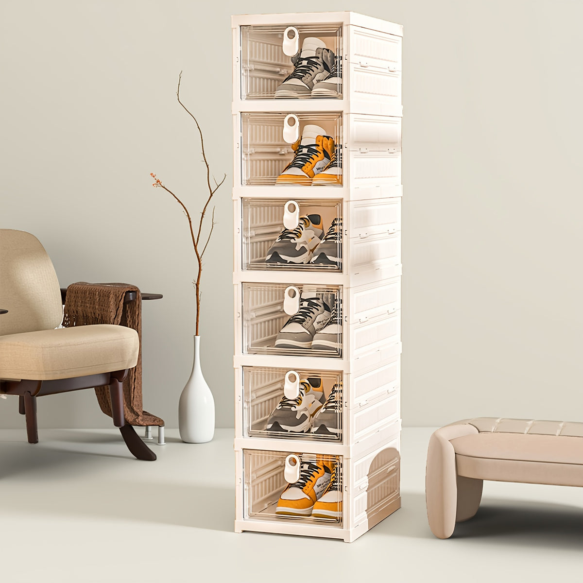 Stackable Shoe Box Organizer with Flip Transparent Door 3 5 or 6 Layer Foldable Space-Saving Shoe Cabinet for Entryway Hallway Bedroom Living Room