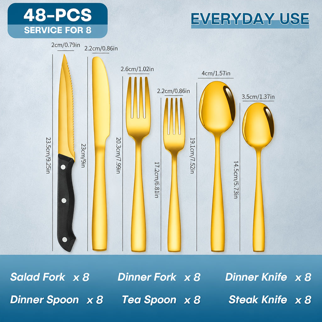 48-Piece Stainless Steel Flatware Set with Steak Knives Service for 8 Mirror Polished Silverware Dishwasher Safe