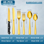 48-Piece Stainless Steel Flatware Set with Steak Knives Service for 8 Mirror Polished Silverware Dishwasher Safe