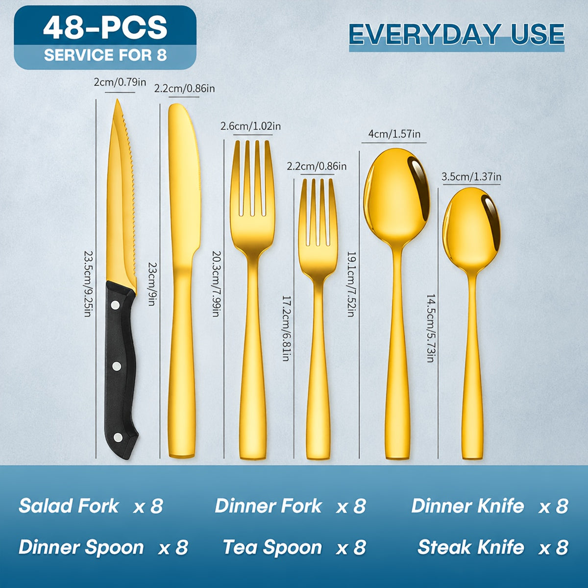 48-Piece Stainless Steel Flatware Set with Steak Knives Service for 8 Mirror Polished Silverware Dishwasher Safe