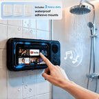 Shower Phone Holder 360 Degree Rotating Waterproof Wall Mount with Wireless Bluetooth Speaker IPX5 Rated for Bathroom Tub Kitchen Mirror Compatible with 4-6.8 Inch Phones Black White Pink