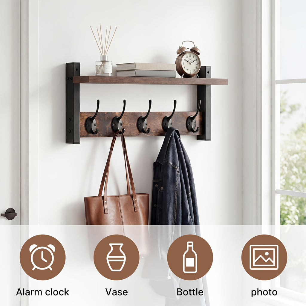 Wooden Wall-Mounted Shelf with 5 Hooks – Floating Coat Rack & Key Organizer for Entryway, Bedroom & Bathroom, Towel Hook Rail, Wall Storage for Kitchen & Living Room, Rustic Wood Hanging Shelf with Hooks