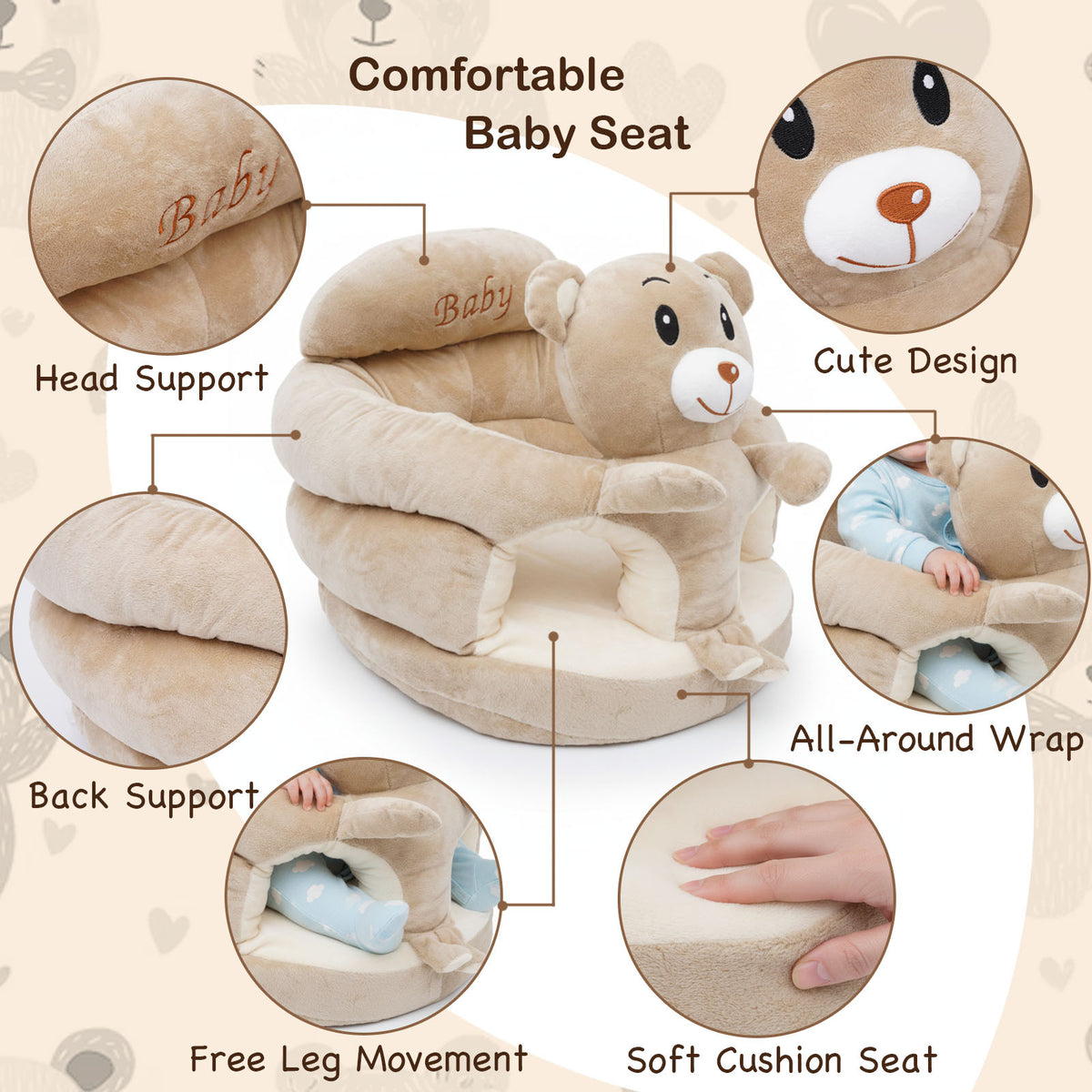 Baby Support Seat Plush Animal Infant Lounger – Ultra-Soft Cushioned Tummy Time Seat for Babies & Toddlers, Non-Toxic Fabric, No Assembly, Elephant Grey, Bear Pink & Bear Khaki