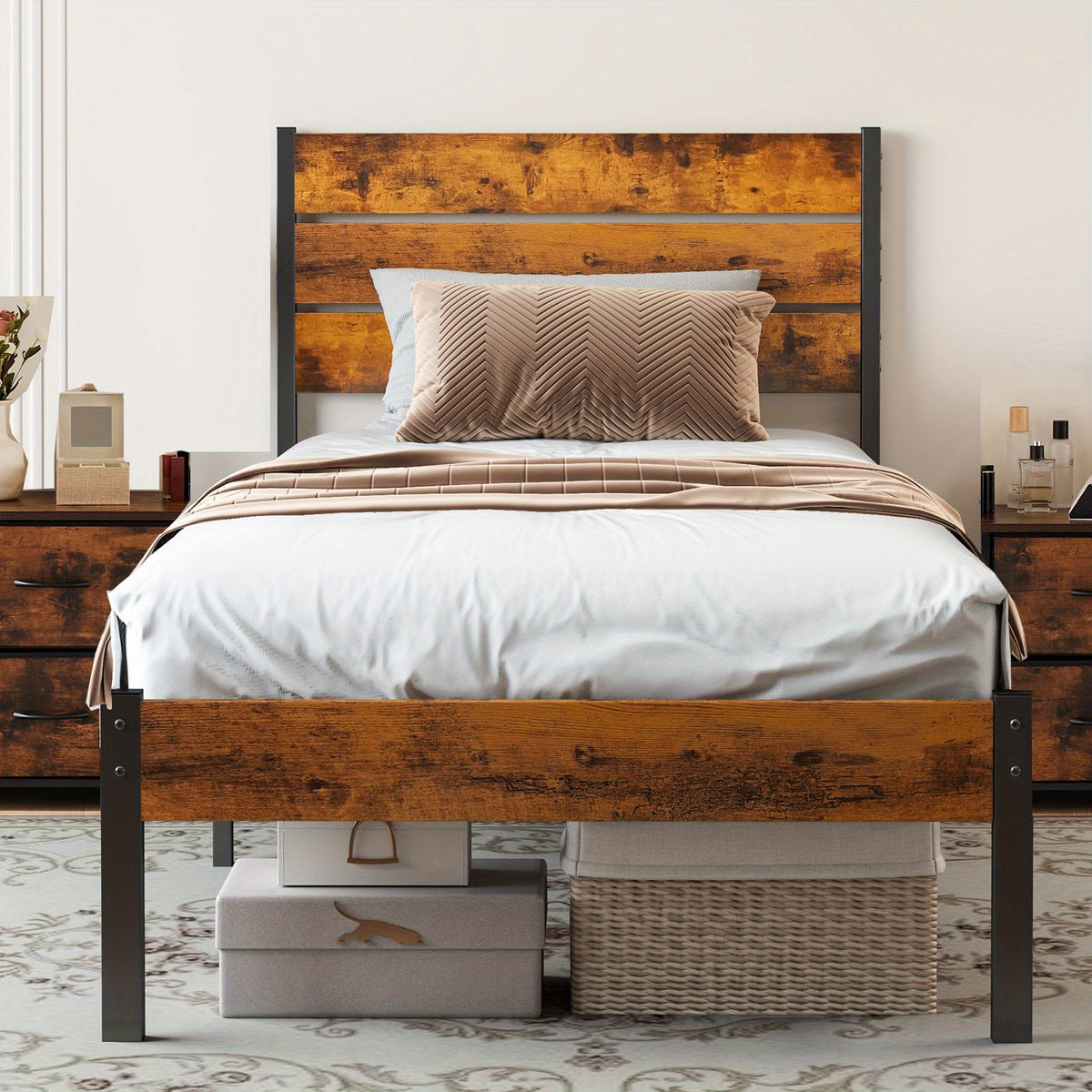 Metal Frame Bed Frame with Headboard No Box Spring Needed, Sturdy Wood Slats Support 800 lbs, Twin Full Queen, Bedroom Platform Bed