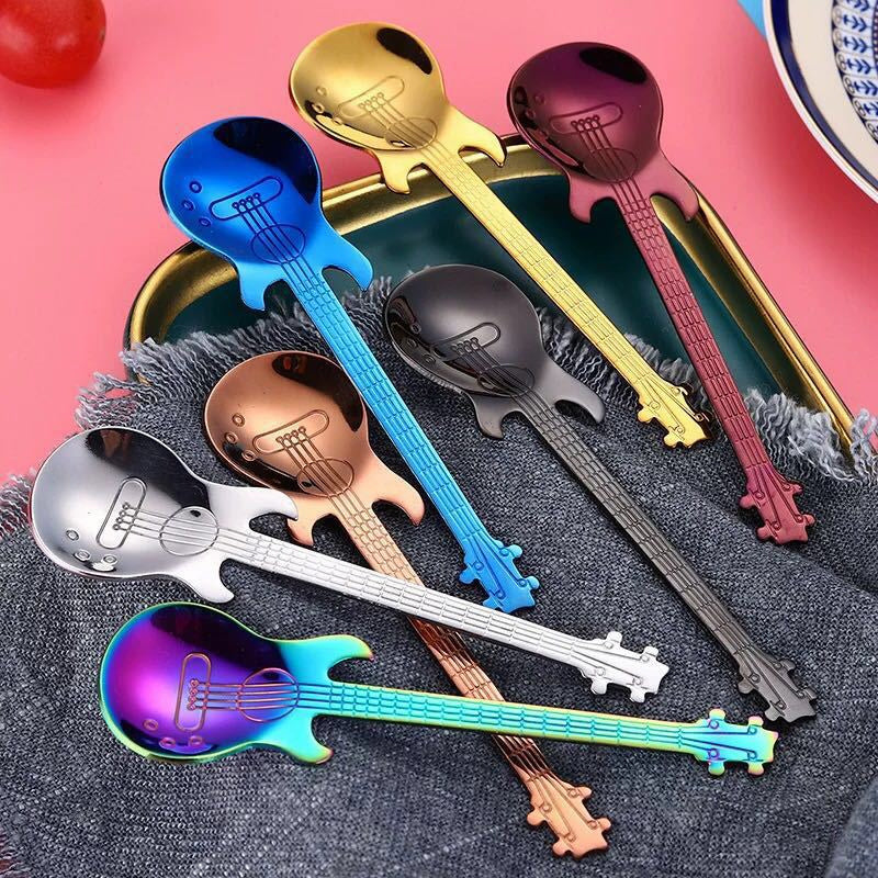 Guitar-Shaped Stainless Steel Teaspoon Set of 6 in Random Colors – Food Safe 304 Steel Novelty Coffee Tea Spoons for Music Lovers, Gifts & Fun Table Settings