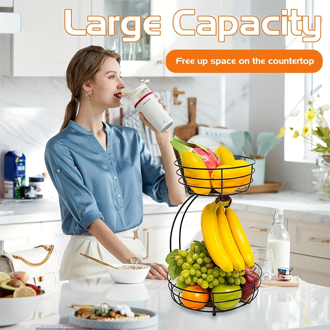 2-Tier Countertop Fruit & Vegetable Basket Bowl Rack with Banana Hooks – Space-Saving Kitchen Storage for Fruits, Vegetables, Bread & Snacks
