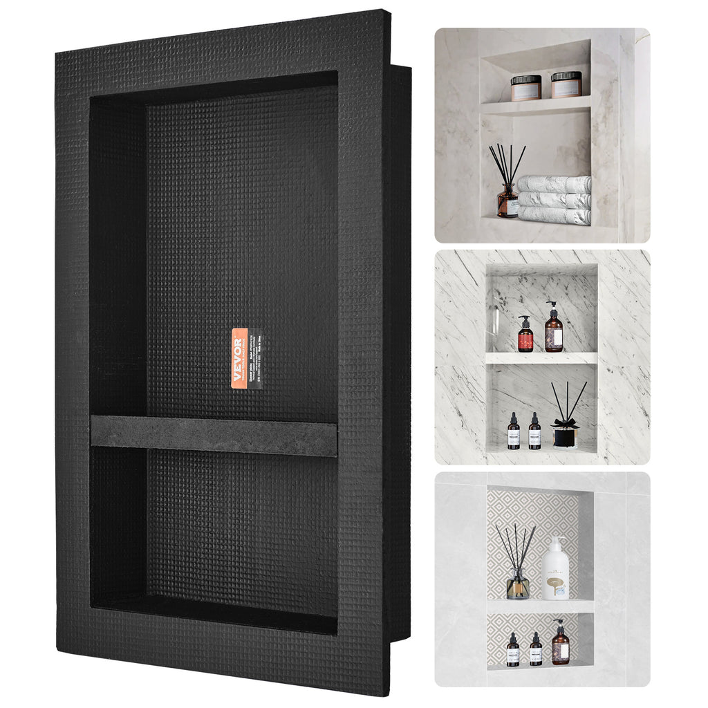Recessed Shower Niche 16x24 Inch Tile-Ready with Double Shelf, 100% Waterproof XPS Foam Wall Niche, Square Corners Built-In Storage for Shower & Bathroom, Black