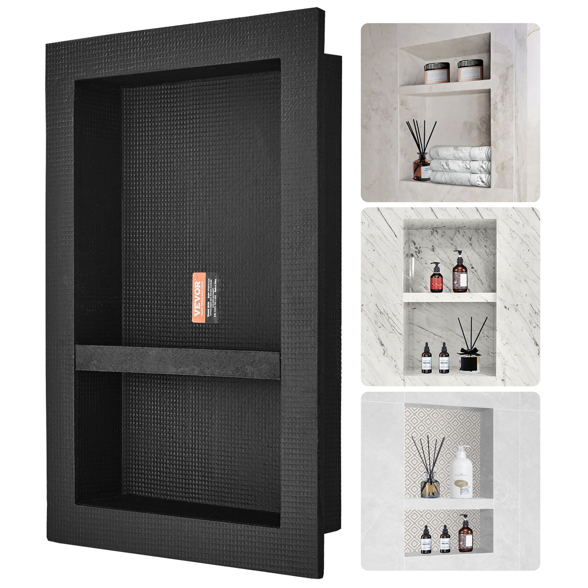 Recessed Shower Niche 16x24 Inch Tile-Ready with Double Shelf, 100% Waterproof XPS Foam Wall Niche, Square Corners Built-In Storage for Shower & Bathroom, Black