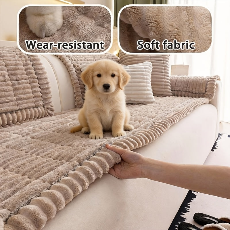 Boho Plush Sofa Cover with Ruffled Edges – Thick Warm Pet-Friendly Couch Protector, Bohemian Style Home Decoration Slipcover for Living Room Sofa Couch Furniture