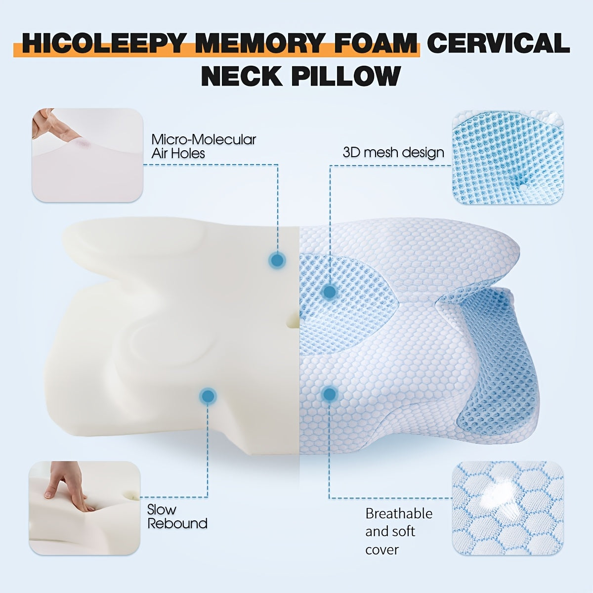 Cooling Neck Pillow Ergonomic Contour Support - Viscose Fill Breathable Cooling Cover, High-Loft Cervical Pillow for Side & Back Sleepers, Blue & Grey