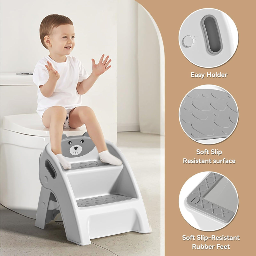Foldable Kids Step Stool 2-Step with Non-Slip Design & Handle – Multipurpose Toddler Step Stool for Bathroom Sink, Kitchen Counter, Bedroom, Grey Pink Blue