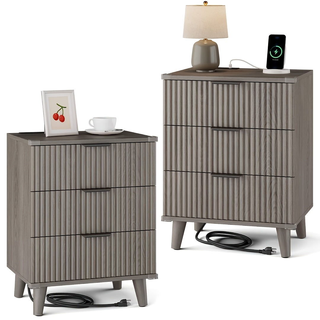 Nightstand with Charging Station – 3-Drawer Bedside Table with 2 USB Ports & 2 AC Outlets, Small Bedroom Side Table | Set of 1 or 2 | Wood, Black, White, Brown