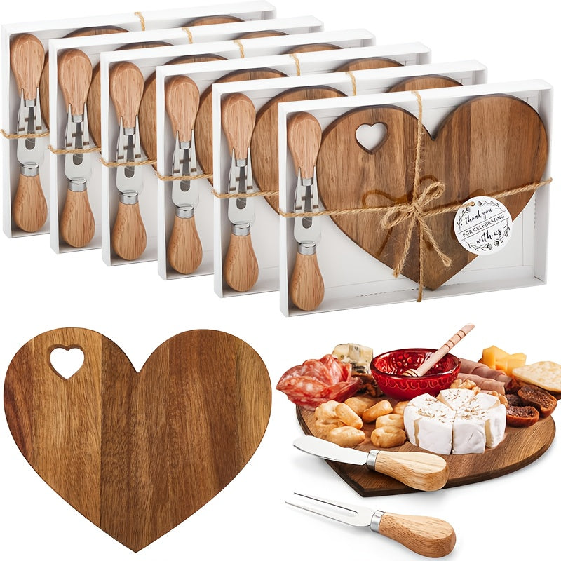 Heart-Shaped Mini Charcuterie Board & Cheese Knives Gift Set – Wood Bridal Shower Favor, Wedding Gift & Party Thank-You Box | Acacia & Bamboo | 6 or 12 Sets