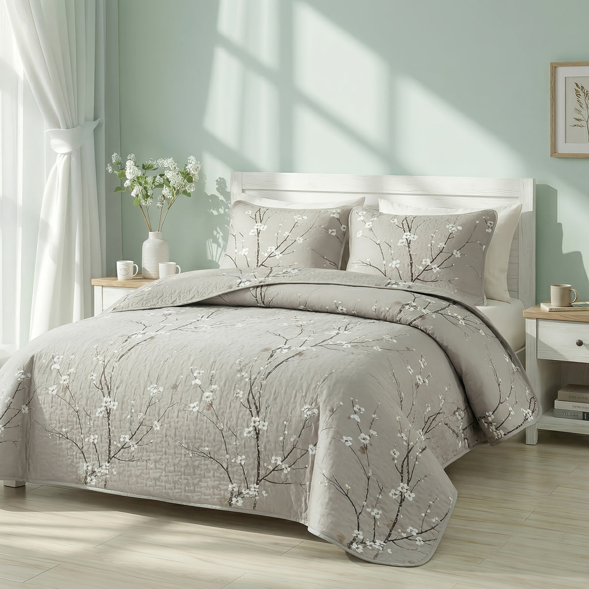 Plum Blossom Quilt Set 2 3 Piece - Soft Breathable Hypoallergenic Quilted Bedspread with Pillowcases Twin Full Queen King Machine Washable