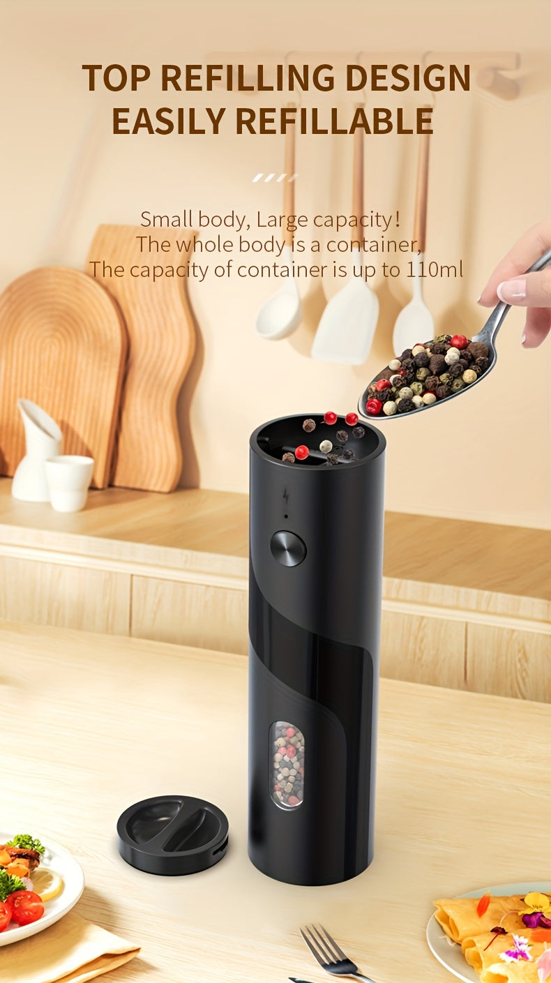Electric Salt & Pepper Grinder Set USB Rechargeable with Charging Base, LED Grinding Light, Top-Fill Large Capacity – 1 or 2 Piece, Black & Green