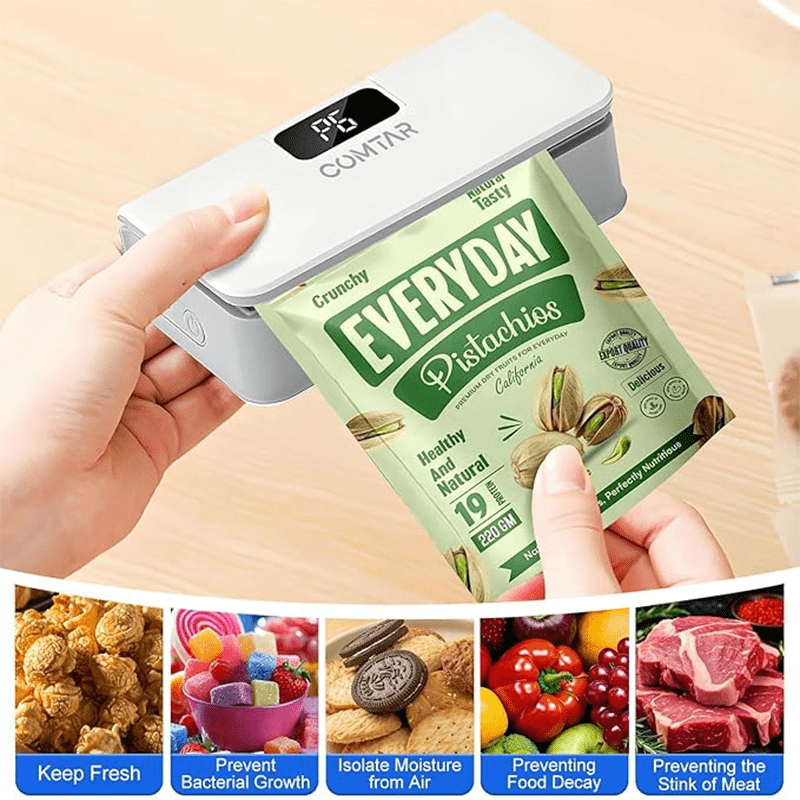 Mini Bag Sealer USB Rechargeable with Built-In Cutter, 6-Level Heat Portable Food Sealer for Chips, Snacks, Fruits & Veggies — Compact Kitchen & Picnic Gadget, White & Blue