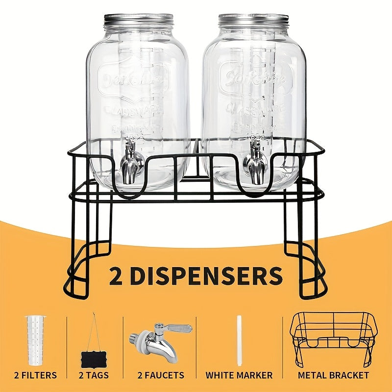 2-Pack 1-Gallon Glass Beverage Dispenser with Stand Stainless Steel Spigot and Ice Tube Leak-Proof Lemonade Water Drink Dispenser for Parties Camping Kitchen