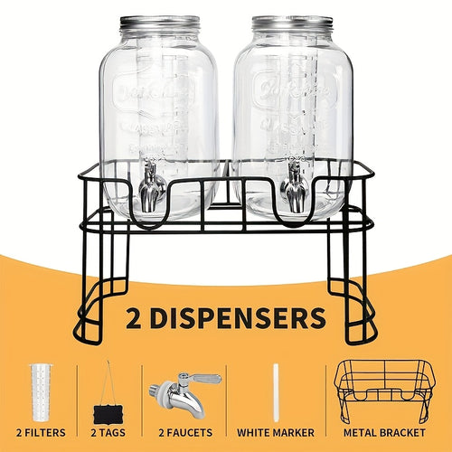 2-Pack 1-Gallon Glass Beverage Dispenser with Stand Stainless Steel Spigot and Ice Tube Leak-Proof Lemonade Water Drink Dispenser for Parties Camping Kitchen