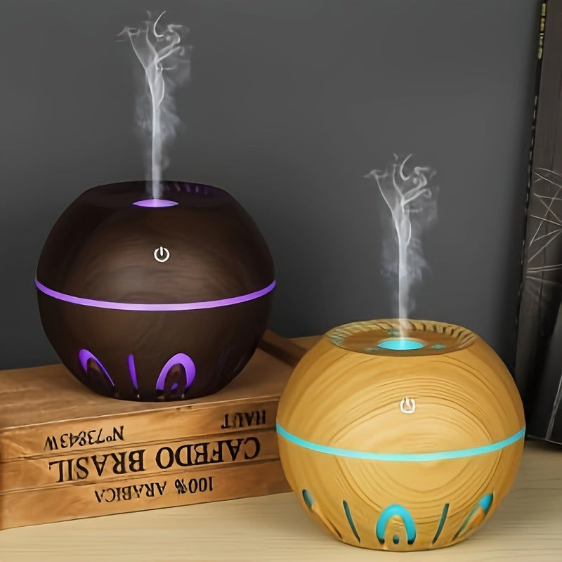 USB Mini Humidifier Aromatherapy Diffuser 2-in-1 Seven-Color LED Night Light Auto Shut-Off Quiet Desktop for Bedroom Office Home Dark Light Wood