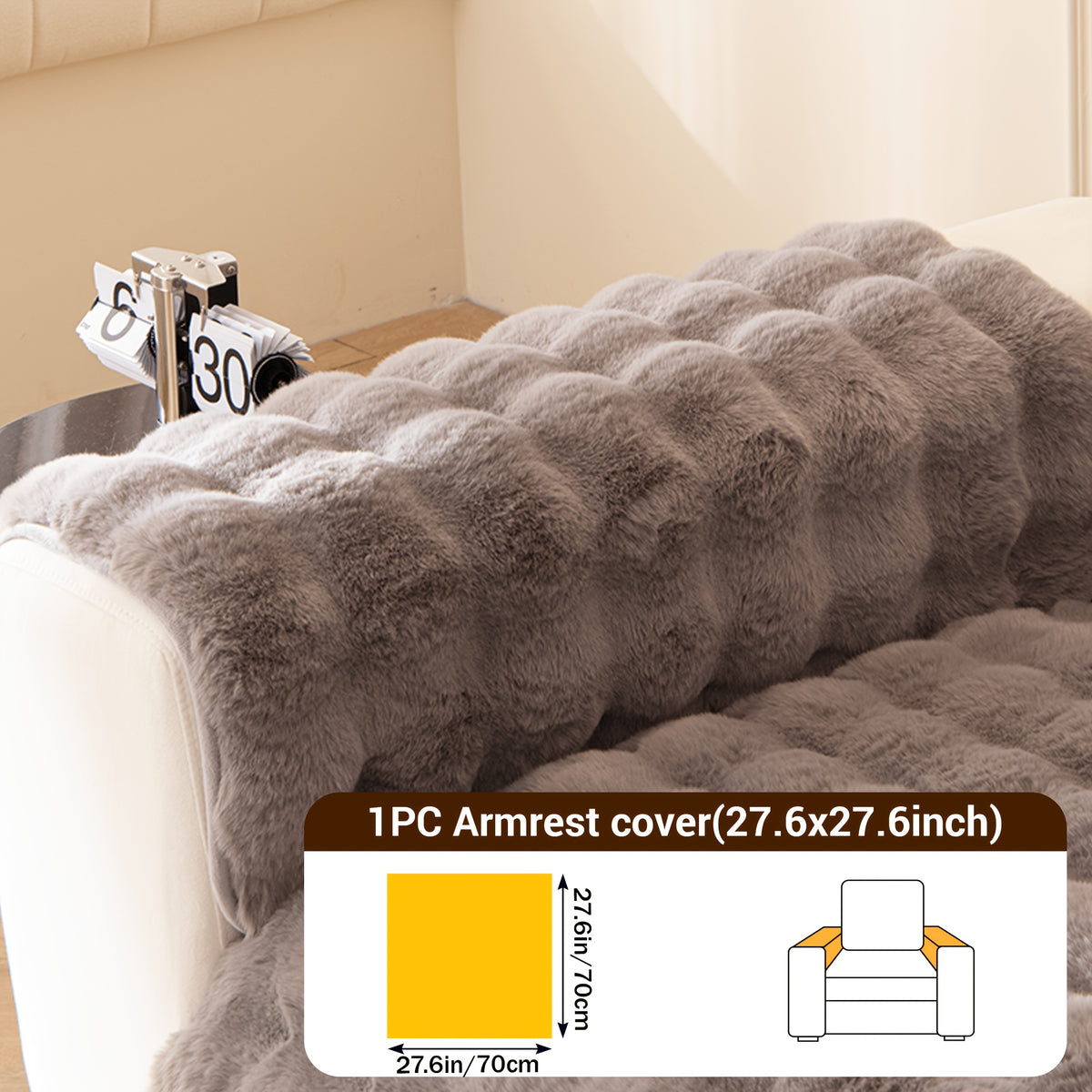 Bubble Faux Rabbit Fur Sofa Cover Non-Slip Stretchable 3/4 Seat Slipcover – Silicone Grip Breathable Furniture Protector for Living Room, Bed & Dorm, Machine Washable in Beige, Dark Grey & Khaki