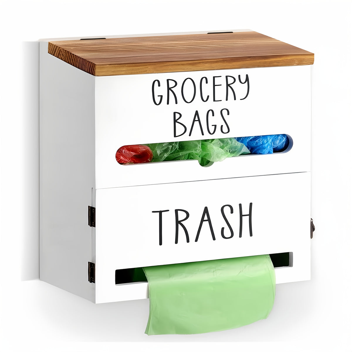 2-in-1 Wooden Garbage Bag Dispenser & Organizer - Wall-Mount or Cabinet Hanging Bag Holder for Kitchen & Bathroom, Large Capacity, White or Black