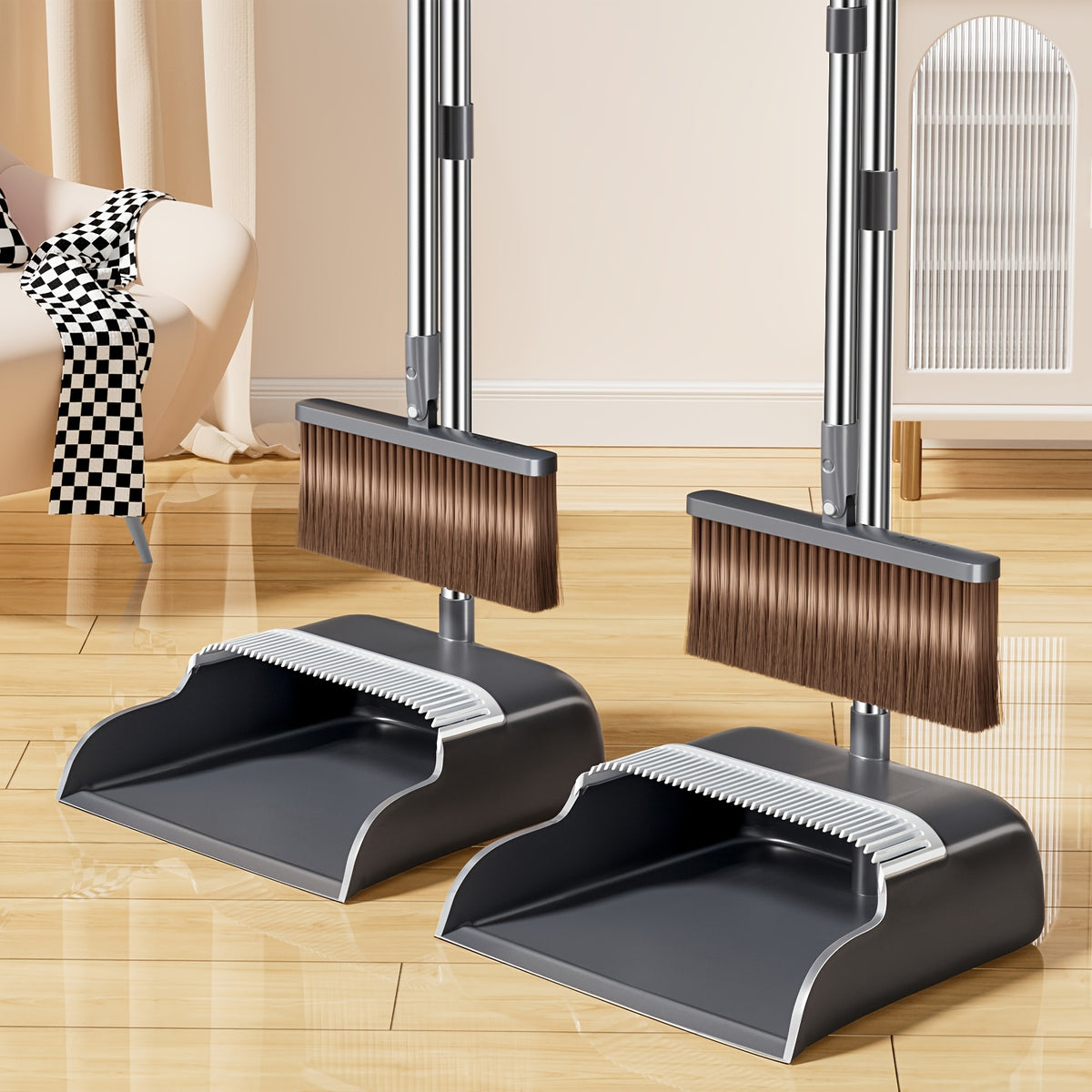Extended Handle Broom and Dustpan Set with Extra Broom Head – Comb Teeth, Unflagged Bristles & 4-Section Stainless Steel Handle for Hard Floors, Home, Office & Outdoor