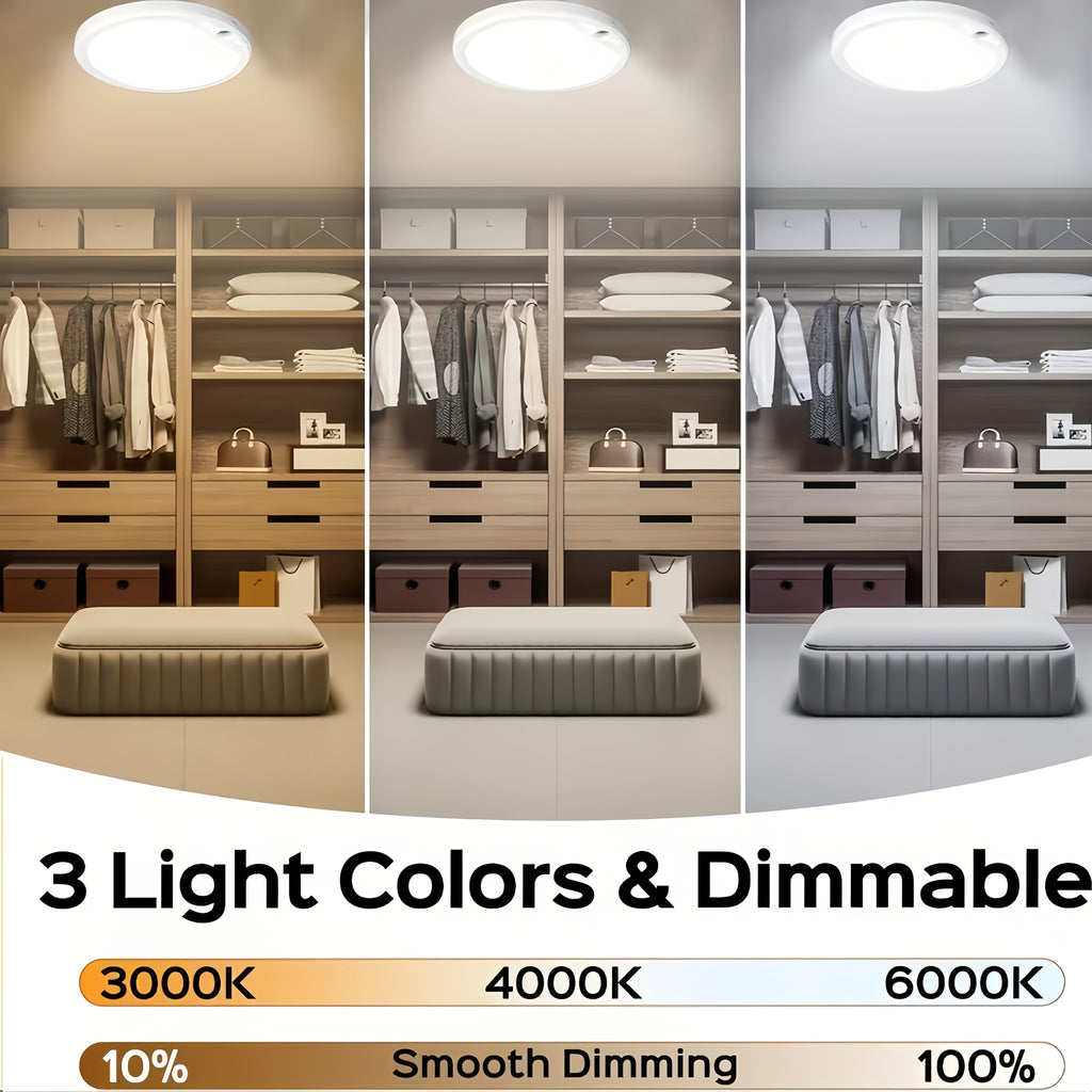 Rechargeable LED Ceiling Lamp with Motion Sensor – 3 Color Modes, 10 Brightness Levels, Remote Control & Timer – Battery-Powered Semi Flush Mount for Living Room, Kitchen & Bathroom