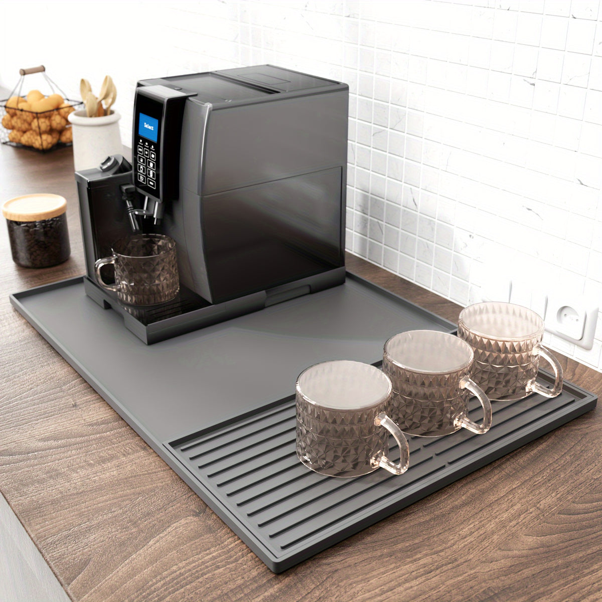 Silicone Coffee Mat with Raised Edges 2-in-1 Coffee Bar Mat and Dish Drying Mat - Countertop Protector for Coffee Machine, Espresso Maker & Kitchen Counter, 23.6 x 15.7 Inch