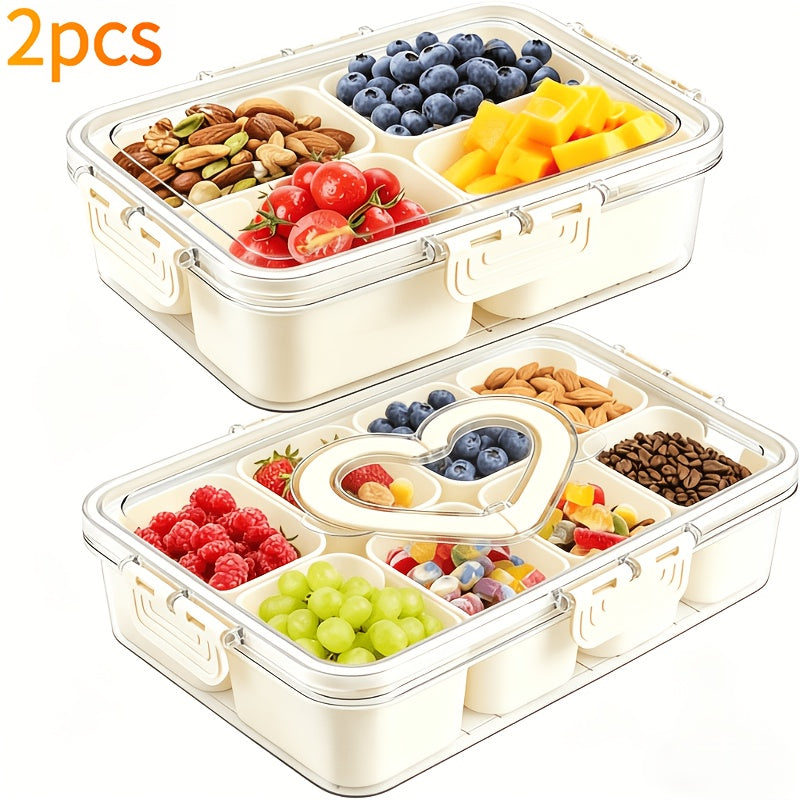 Snack Box Container Tray with Lid & Separate Compartments 2-Pack – Dishwasher-Safe PET Plastic Food Storage Organizer for Picnics, Travel, Parties, Lunchboxes & Office