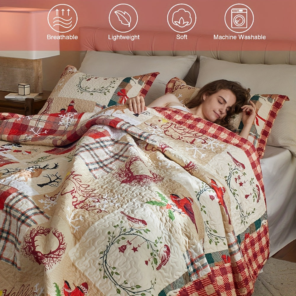 Christmas Quilt Set Queen King 3 Piece – Rustic Lodge Deer Snowman Snowflake Holiday Bedding Ensemble, Quilted Bedspread Coverlet with Pillow Shams, Machine Washable Lightweight Comforter