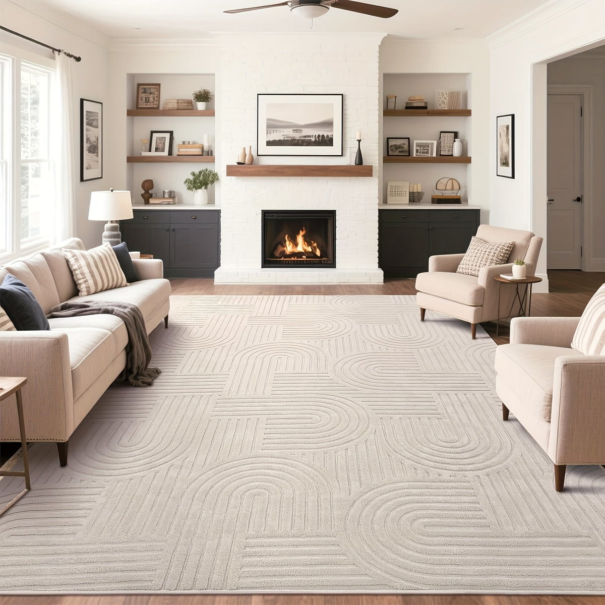 Soft Fluffy Arch Pattern Area Rug – Non-Slip Washable High-Low Pile Geometric Carpet for Living Room, Bedroom & Dining Room, Beige, Multiple Sizes