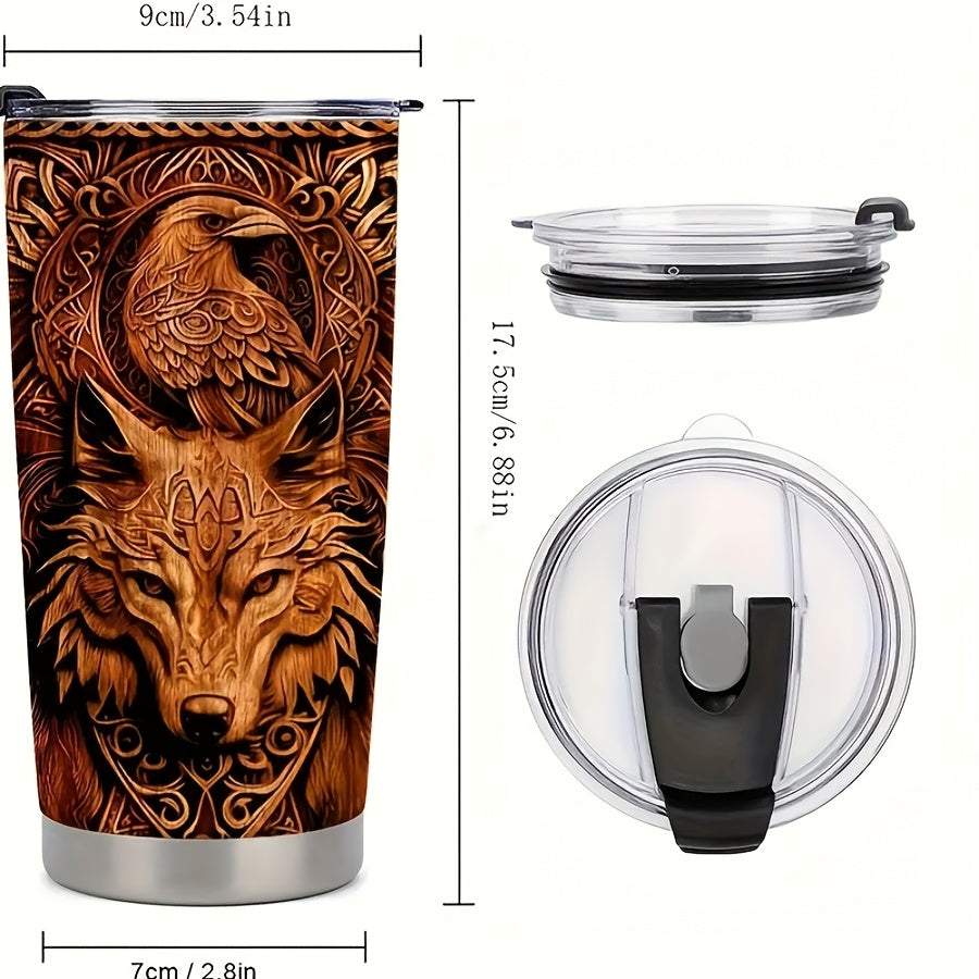 Viking Tumbler 20oz Insulated Stainless Steel - Wolf & Eagle Design Travel Cup with Straw & Lid, Durable Brown Tumbler for Car, Office & Camping, Viking Gift for Men & Women
