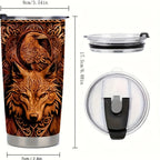 Viking Tumbler 20oz Insulated Stainless Steel - Wolf & Eagle Design Travel Cup with Straw & Lid, Durable Brown Tumbler for Car, Office & Camping, Viking Gift for Men & Women