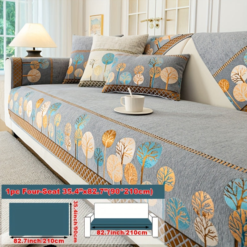 Bohemian Embroidered Sofa Cushion Cover Geometric Tree Leaf Design Pet Friendly Elegant Blue Gold for Living Room Bedroom Office All Sofa Sizes