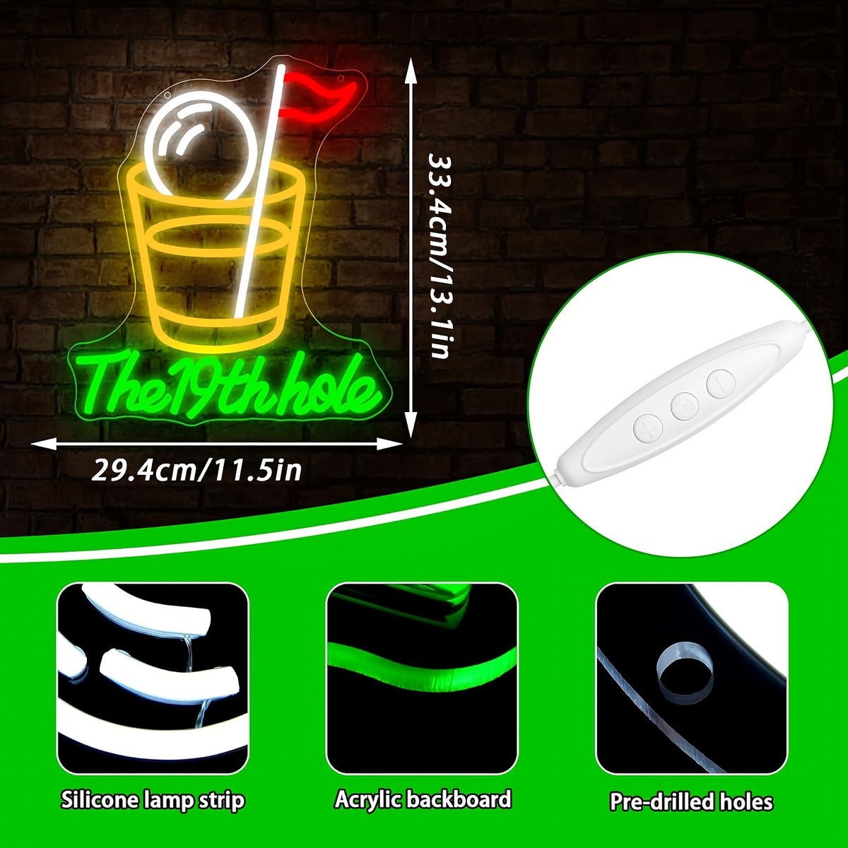 Golf Neon Sign Wall Light – Dimmable LED Multi-Color “The 19th Hole” with Golf Flagstick Design, Plug & Play for Man Cave, Bar & Golf Parties