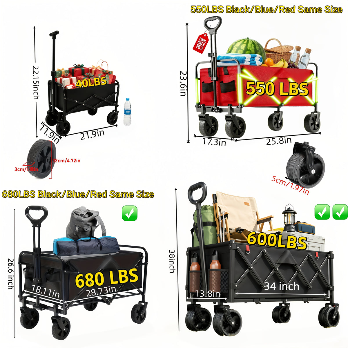 Heavy Duty Folding Utility Cart Wagon with All-Terrain Wheels, 680LBS Capacity Outdoor Camping Garden Shopping Yard Beach Sports Equipment Collapsible Wagon