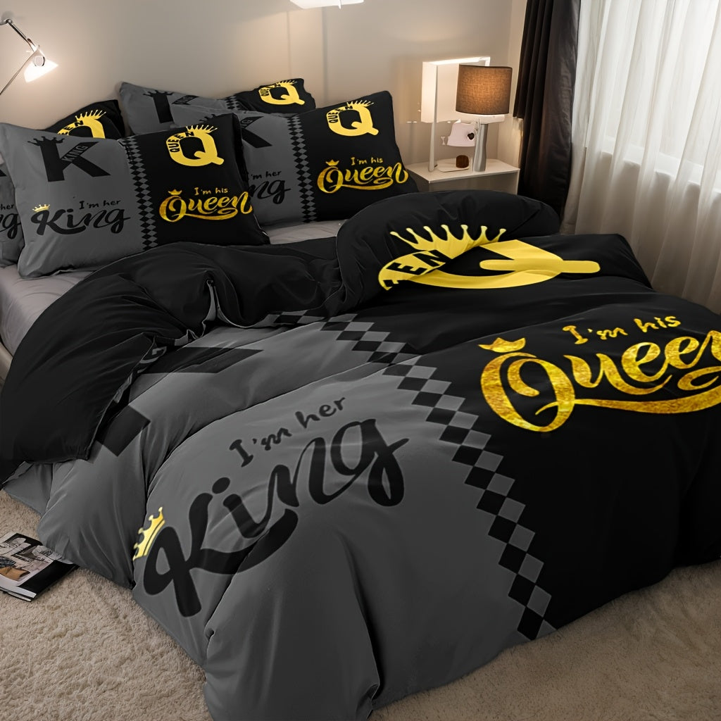 Valentine's Day Duvet Cover Set 3pcs – Crown Queen & King Print Soft Breathable Polyester Bedding, Machine Washable, Includes Duvet Cover & 2 Pillow Covers, Romantic Gift for Couples