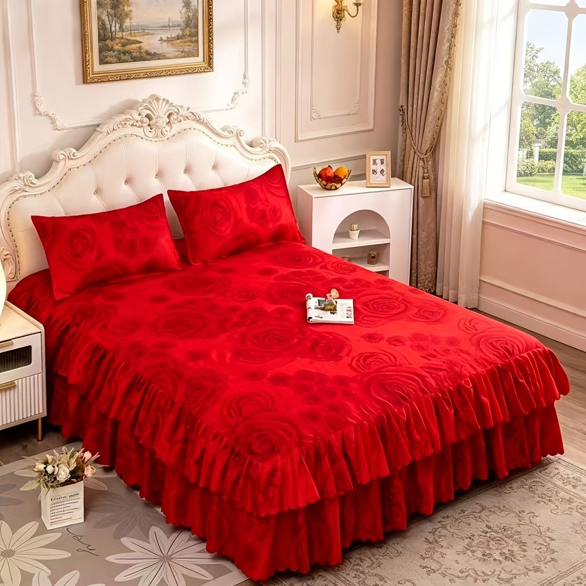 3-Piece Floral Bed Skirt Set with 2 Pillowcases, Non-Slip Lace Ruffle Bed Skirt, All-Season Polyester Bedding, Machine Washable, Bedroom & Guest Room Decor in Pink Rose, Purple Rose, Peony & More