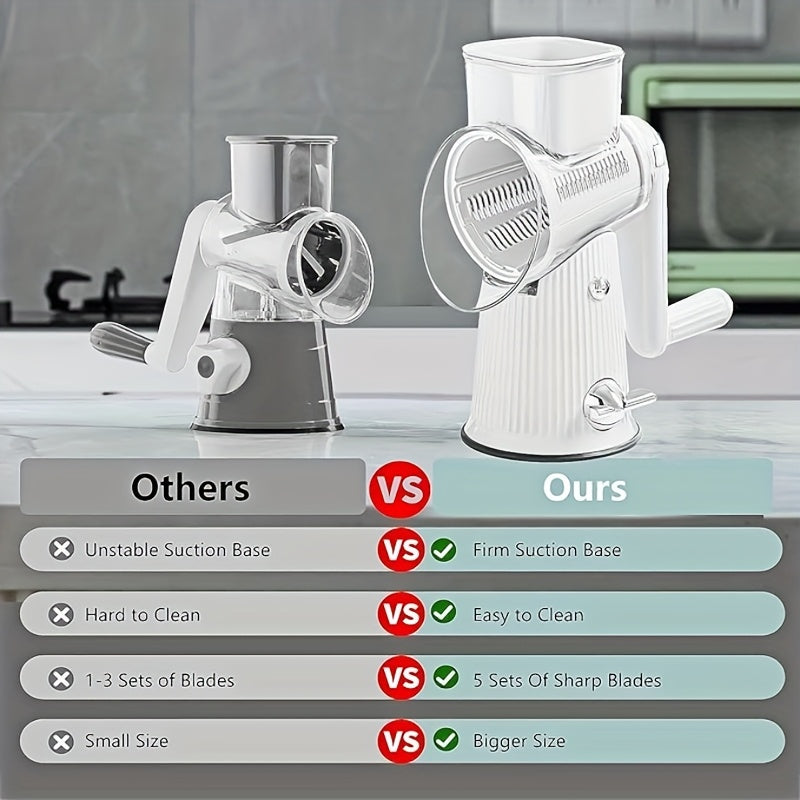 5-in-1 Rotary Cheese Grater with Interchangeable Blades, Suction Cup Base & Handle – Manual Vegetable Slicer Shredder for Cheese, Fruits, Nuts & Vegetables – Easy Clean Kitchen Tool Set